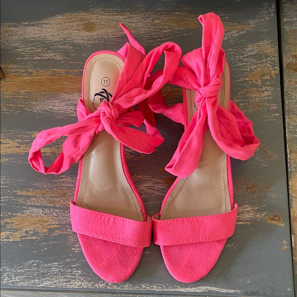 Tie-Strap Hot Pink Open-Toe Heeled Sandals